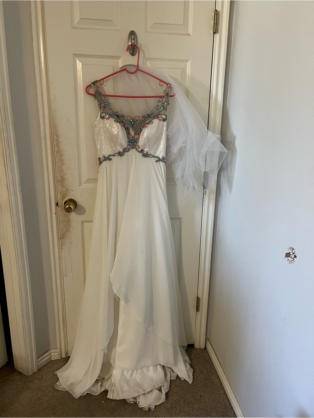 White Formal Gown with Multicolor Beaded Accents